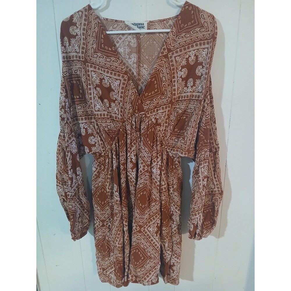 Boho Floral Smocked V Neck Long Sleeve Mini Dress Rust White Size Medium